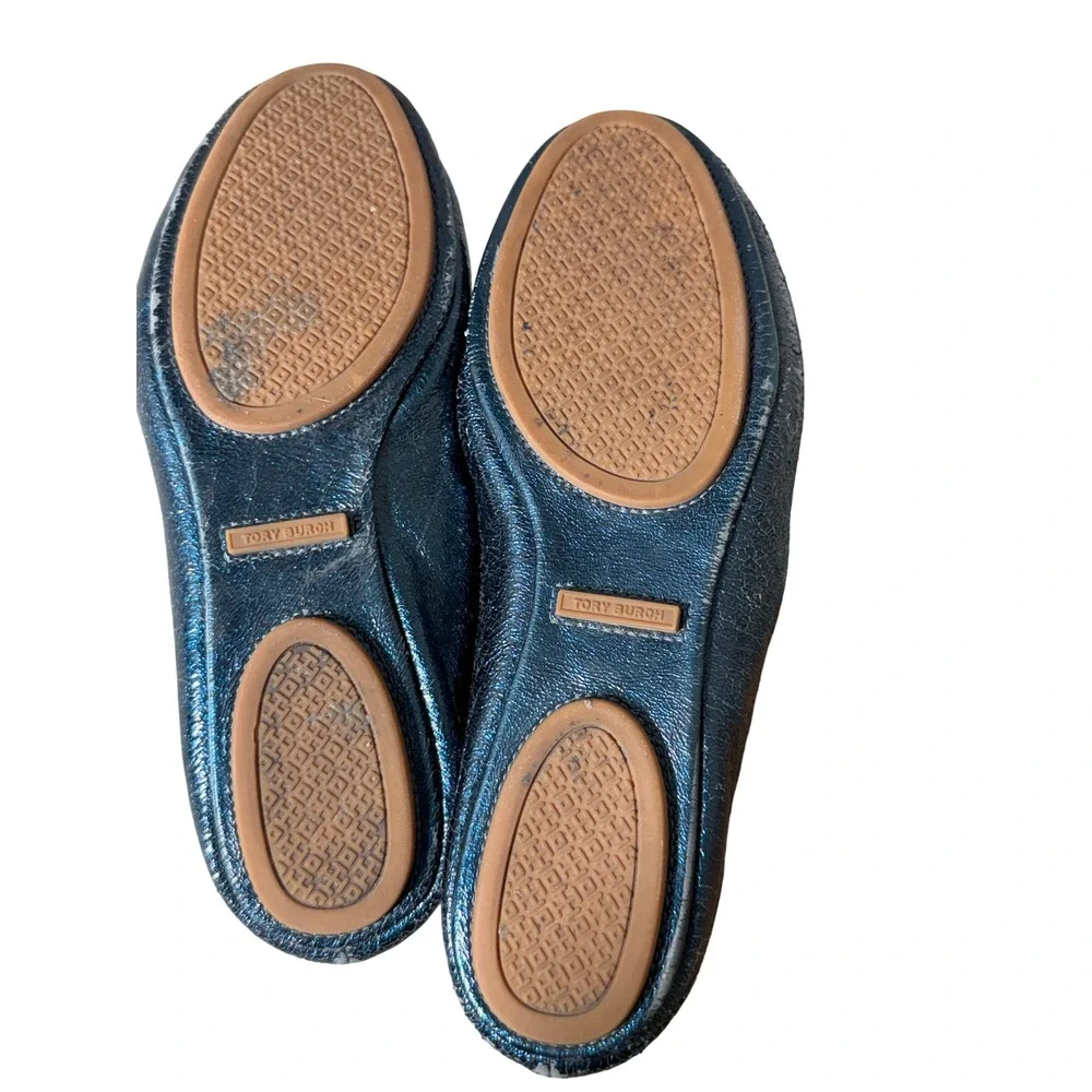 Tory Burch Reva Metallic Blue Cracked Leather Logo Ballet Flats Womens 7.5